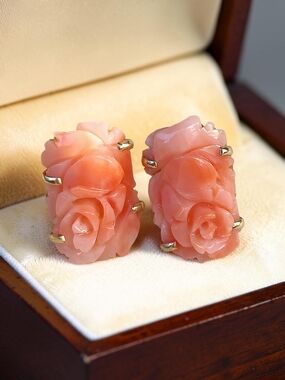 Vintage 14K Gold Ross-Simons Coral Rose Earrings